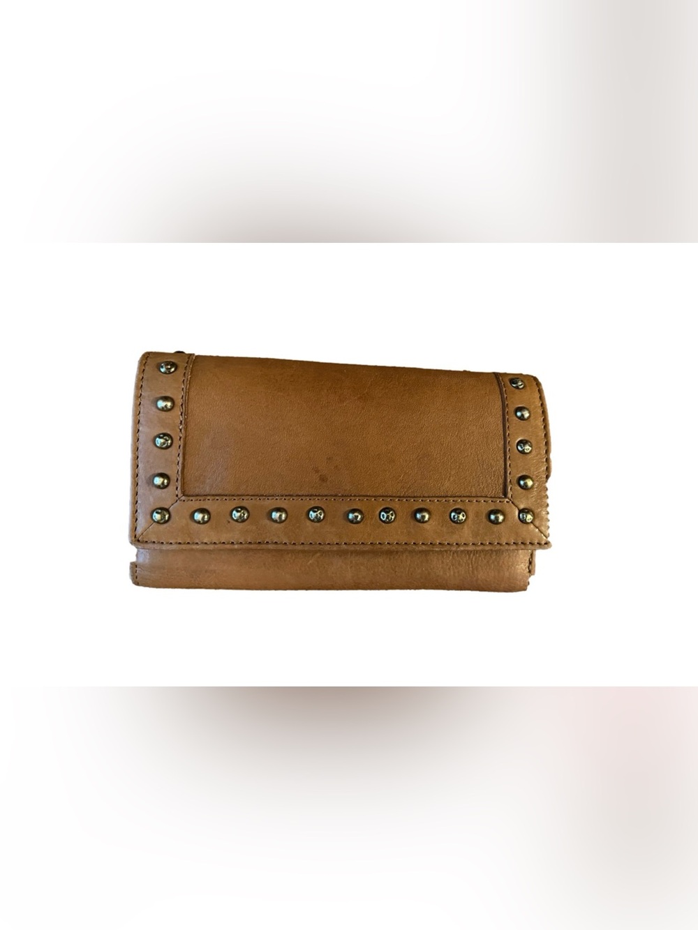 Vilenca Holland Boho Studded Tan Genuine Leather Tri-fold Clutch Wallet